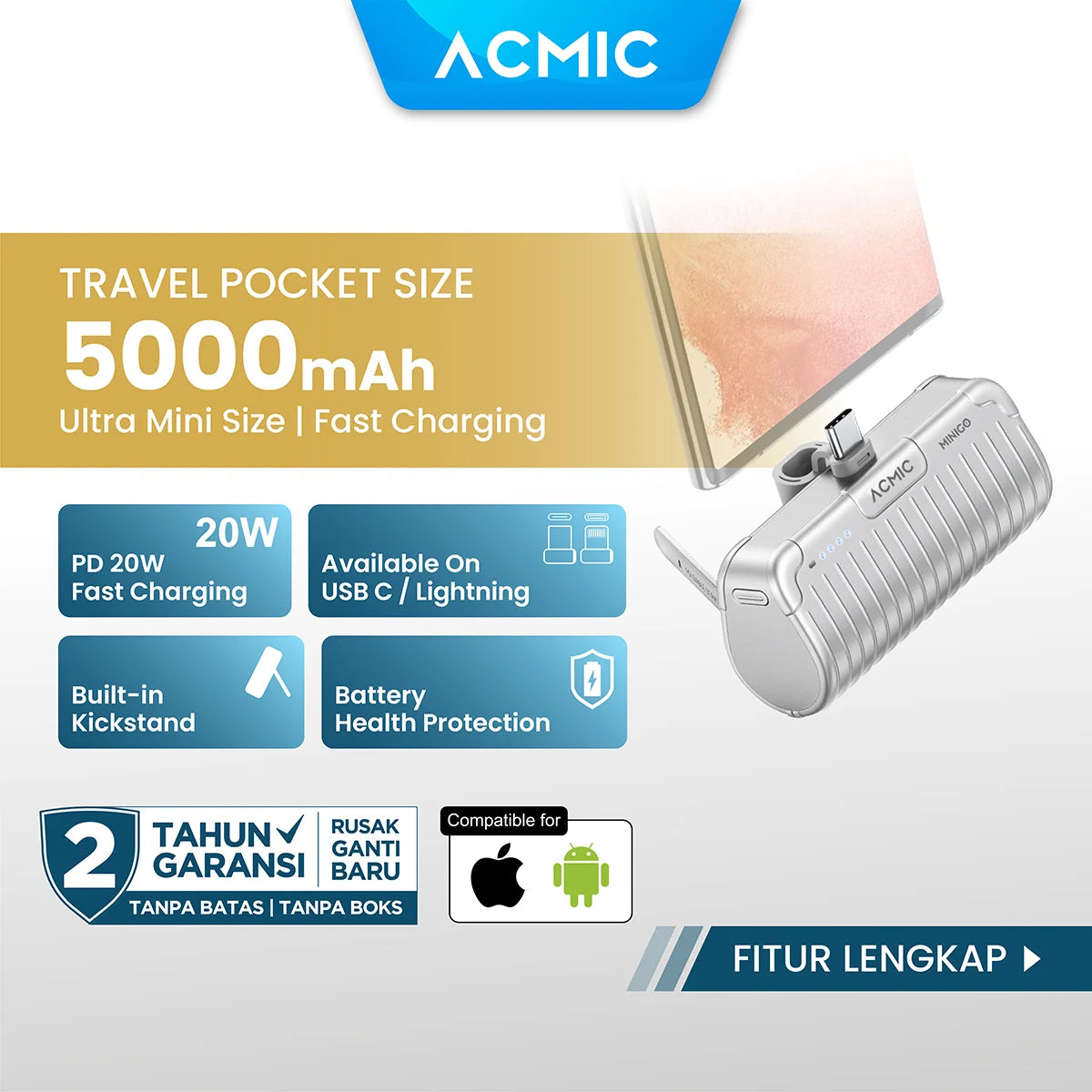 ACMIC MINIGO Mini PowerBank iPhone Lightning PD Fast Charging 20 Watt