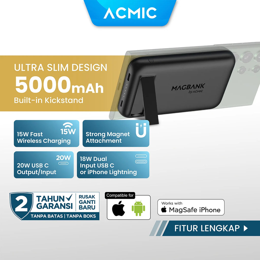 ACMIC MAGBANK 5000mAh Powerbank Magsafe Wireless 20W Fast Charging